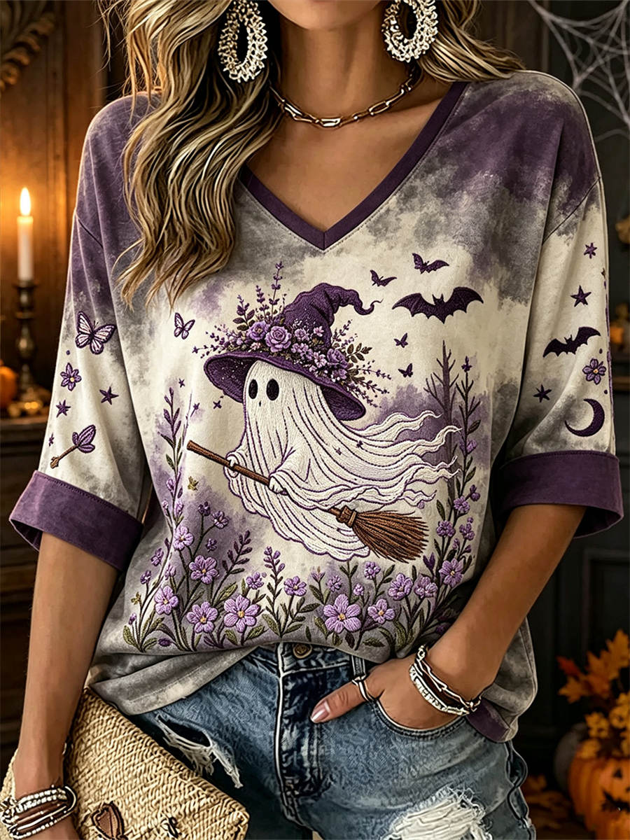 Women's Halloween Purple Ghost Witch Floral Print V Neck 3/4 Sleeve Blouse
