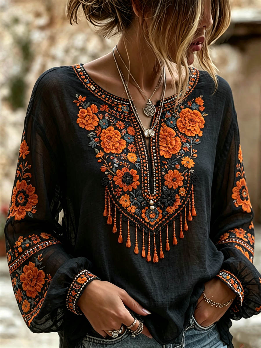 Women's Black Orange Floral Print Notch Neck Long Sleeve Blouse