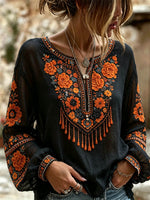Women's Black Orange Floral Print Notch Neck Long Sleeve Blouse