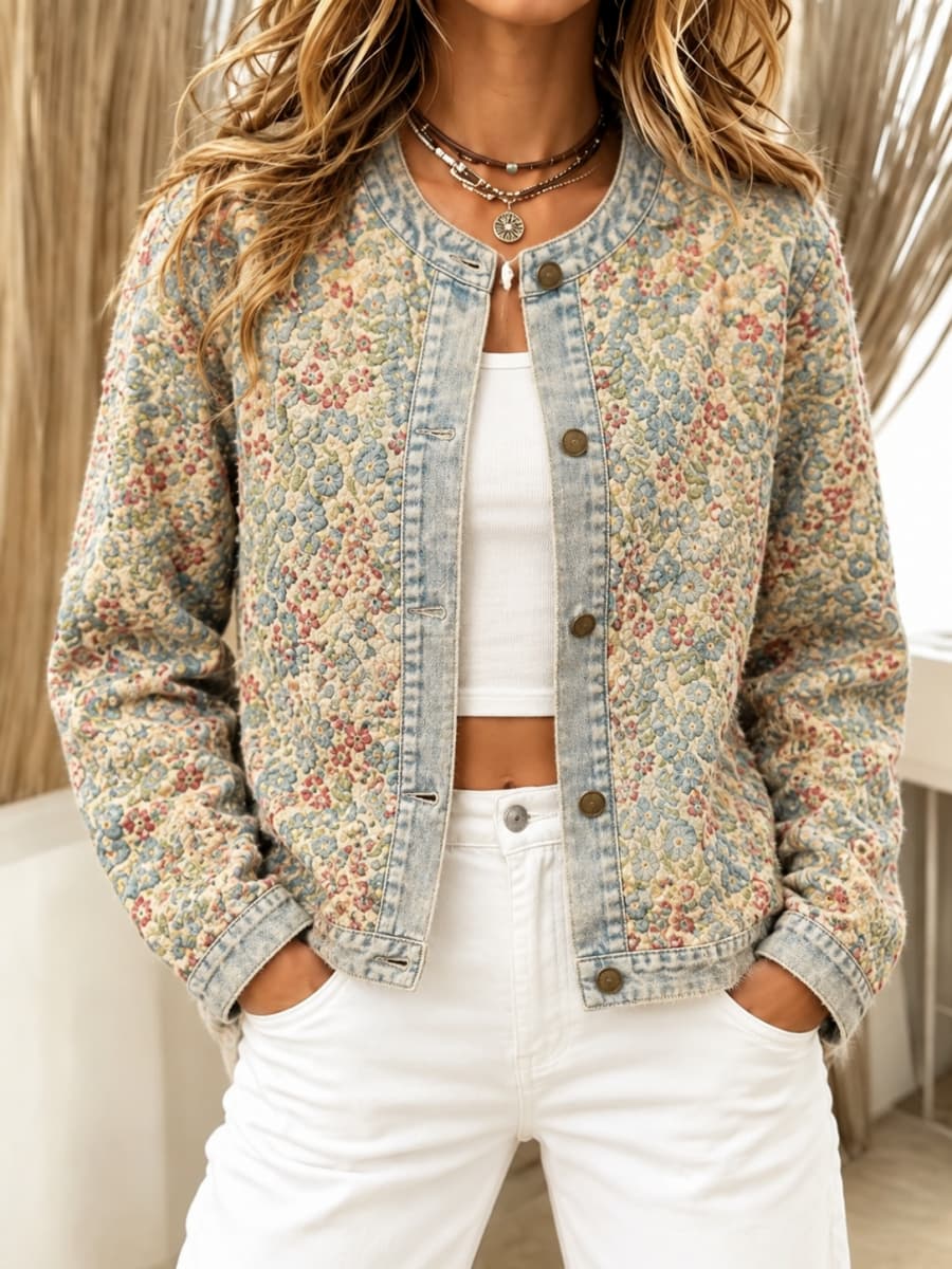 Women's Vintage Floral Print Button Round Neck Long Sleeve Jacket