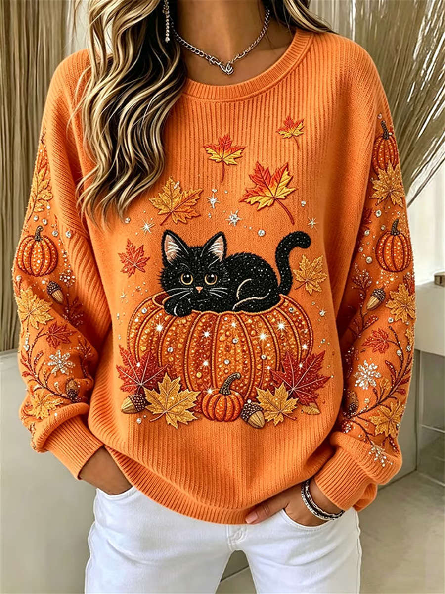 Women's Halloween Orange Cat Pumpkin Maple Leaf Print Round Neck Long Sleeve Sweatshirt