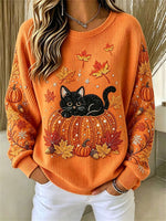 Women's Halloween Orange Cat Pumpkin Maple Leaf Print Round Neck Long Sleeve Sweatshirt