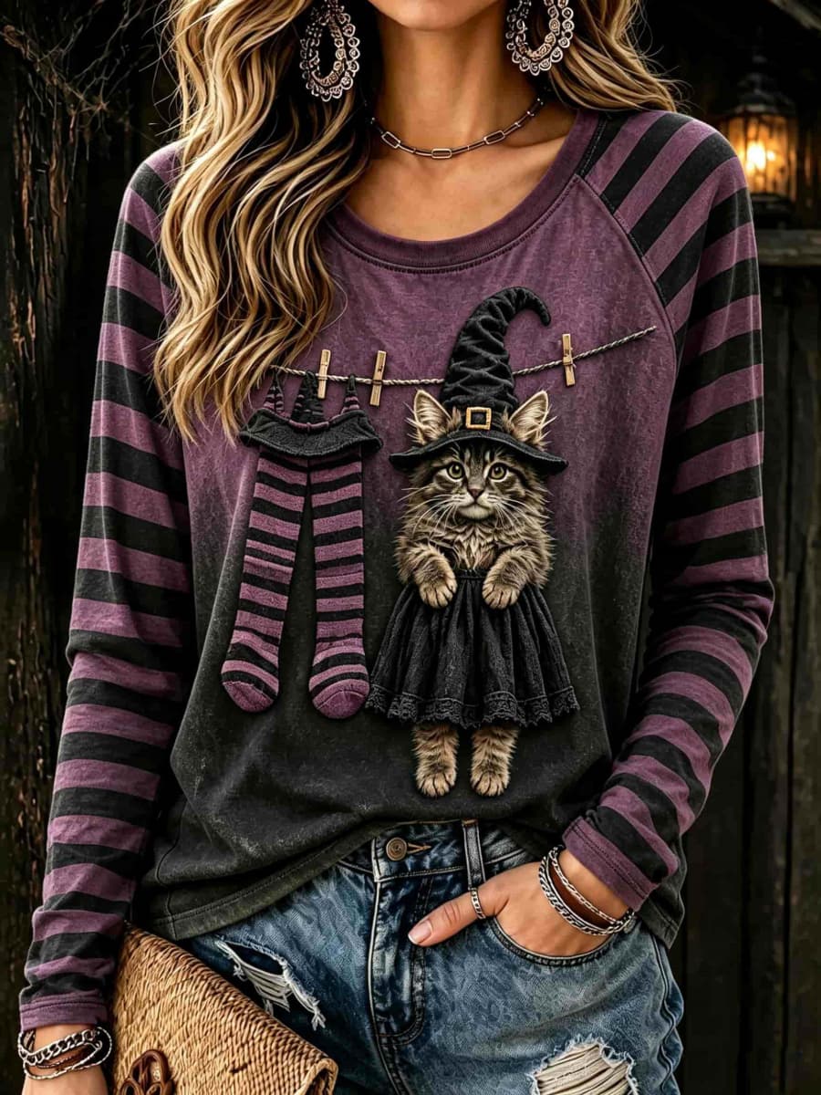 Women's Halloween Purple Black Stripe Witch Cat Print Round Neck Long Sleeve Top