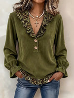 Women's Army Green Leopard Ruffle V Neck Long Sleeve Top