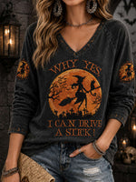 Women's Halloween Black Witch Moon Letter Print V Neck Long Sleeve Top