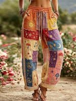 Women's Multi Patchwork Peace Sun Moon Embroidered Drawstring Elastic Waist Lace Trim Long Pants