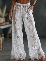 Women's White Rose Floral Embroidered Lace Drawstring High Waist Long Wide Leg Pants