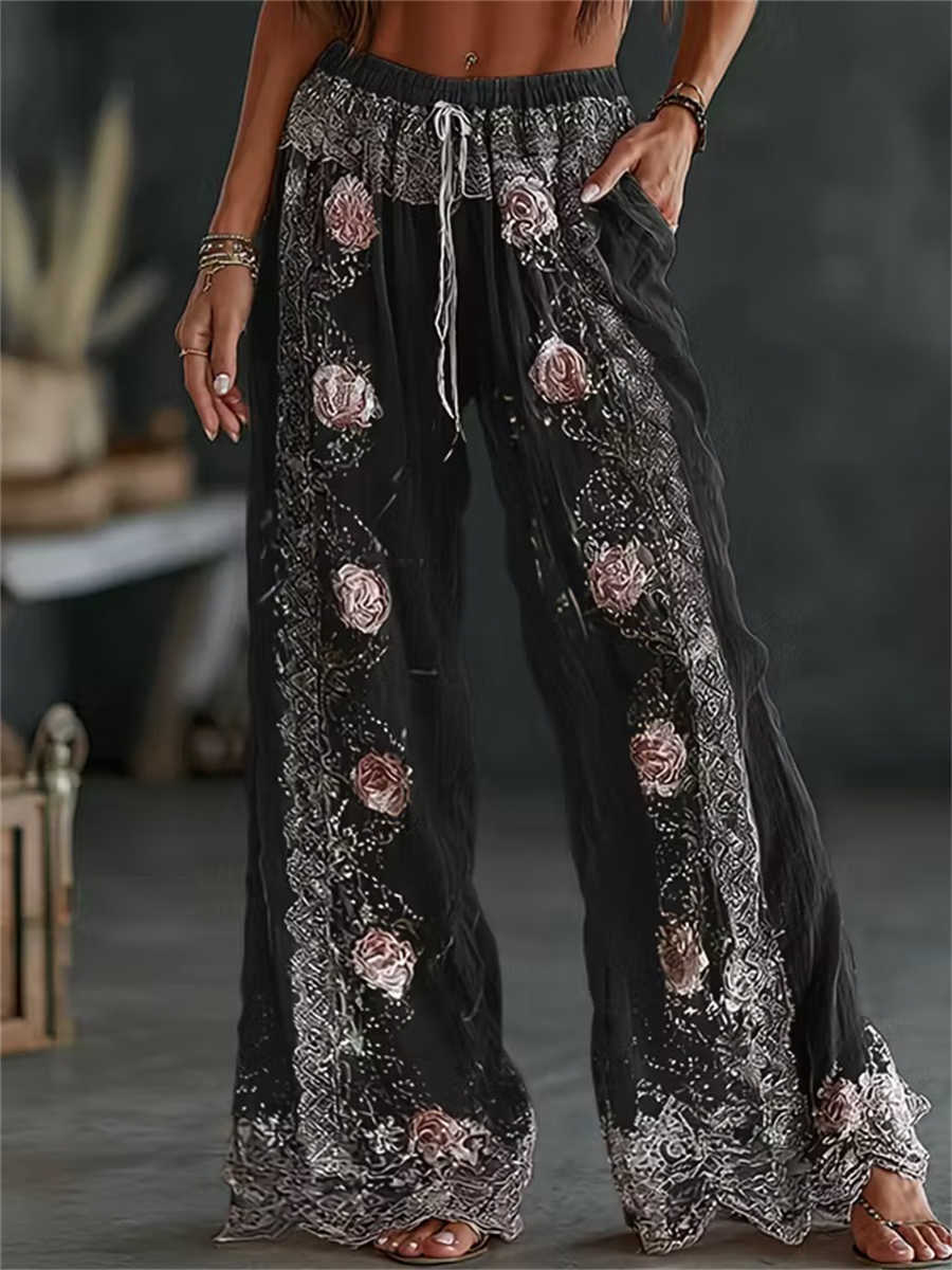 Women's Black Rose Floral Embroidered Lace Drawstring High Waist Long Wide Leg Pants