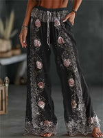 Women's Black Rose Floral Embroidered Lace Drawstring High Waist Long Wide Leg Pants