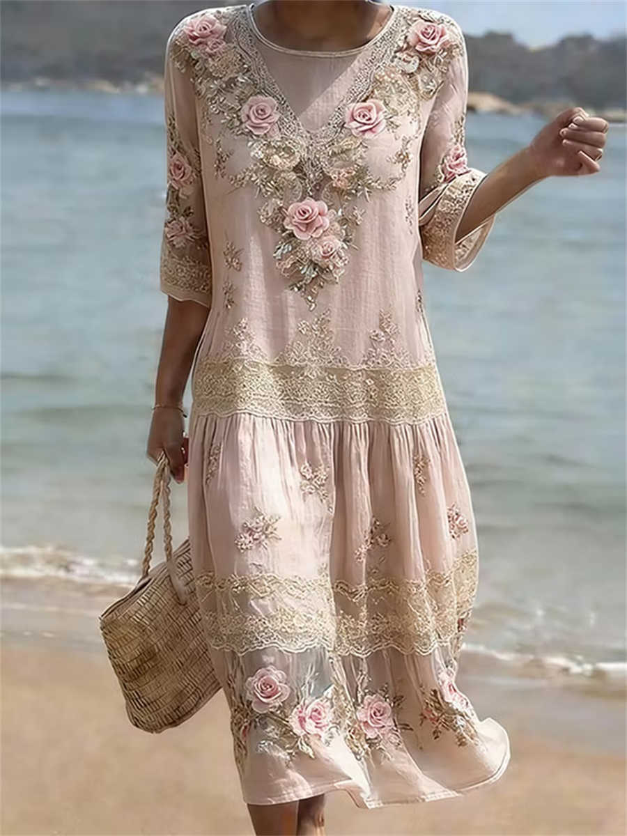 Women's Pink Floral Lace Embroidered Round Neck 3/4 Sleeve Midi Dress