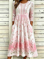Women's Pink Gradient Floral Embroidered Lace Round Neck 3/4 Sleeve Midi Dress