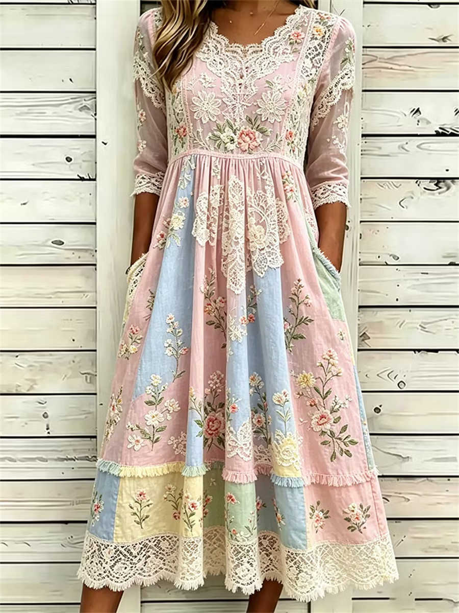 Women's Pink Patchwork Floral Embroidered Lace V Neck 3/4 Sleeve Midi Dress