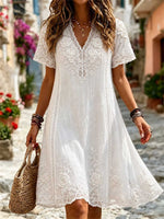 Women's White Rose Floral Lace V Neck Short Sleeve Mini Dress