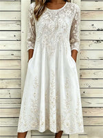 Women's White Floral Lace Embroidered Round Neck 3/4 Sleeve Midi Dress