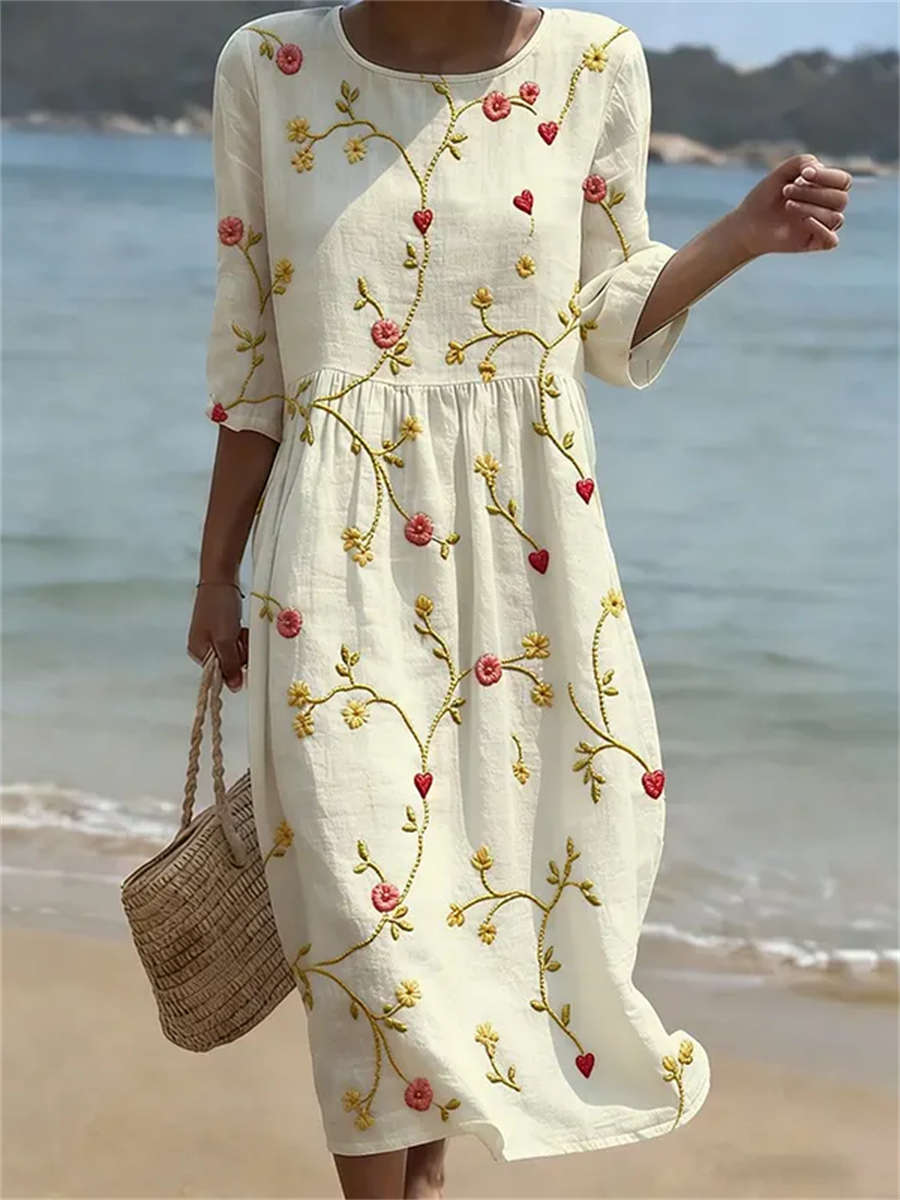 Women's Beige Floral Heart Embroidered Round Neck 3/4 Sleeve Midi Dress