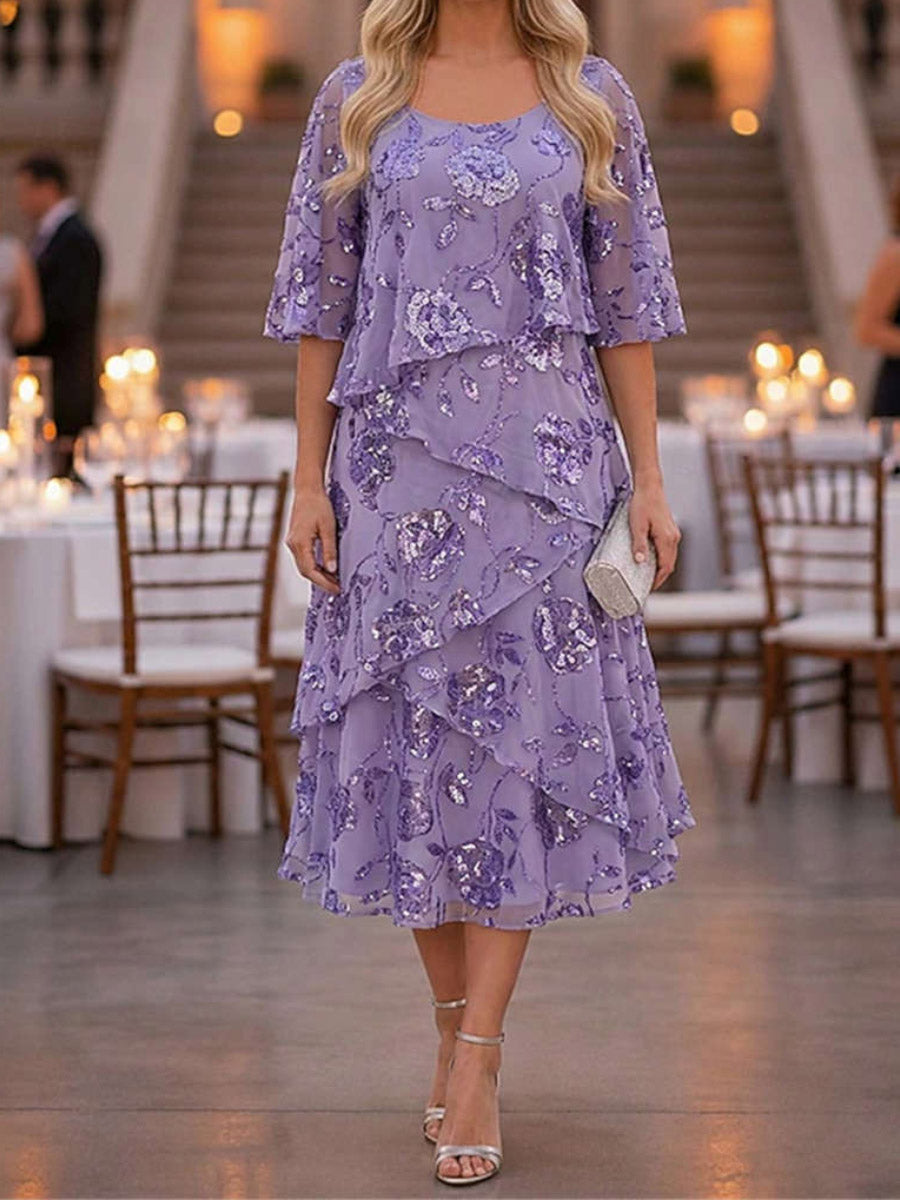 Women's Purple Floral Print Scoop Neck 3/4 Sleeve Tiered Midi Dress