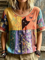 Women's Multi Patchwork Floral Cat Embroidery U Neck Short Sleeve Blouse