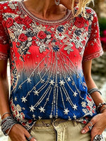 Women's Everyday Red Blue Gradient Floral Star Rhinestone Round Neck Short Sleeve Blouse