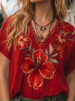 Women's Red Hibiscus Floral Embroidery V Neck Short Sleeve Blouse