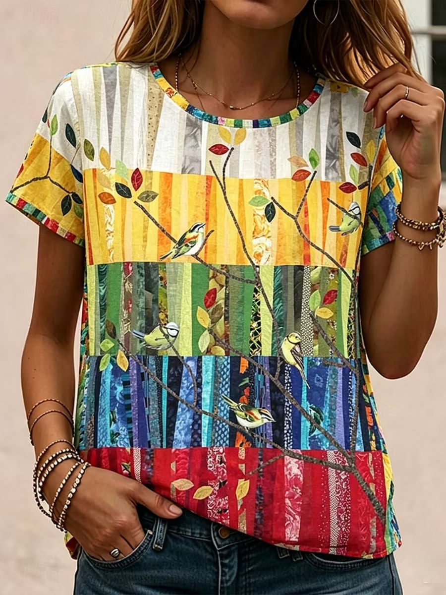 Women's Multi Patchwork Bird Tree Leaf Round Neck Short Sleeve Blouse