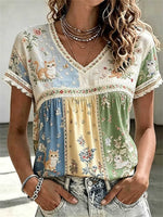 Women's Color Block Cat Floral Butterfly Embroidery Lace V Neck Short Sleeve Blouse