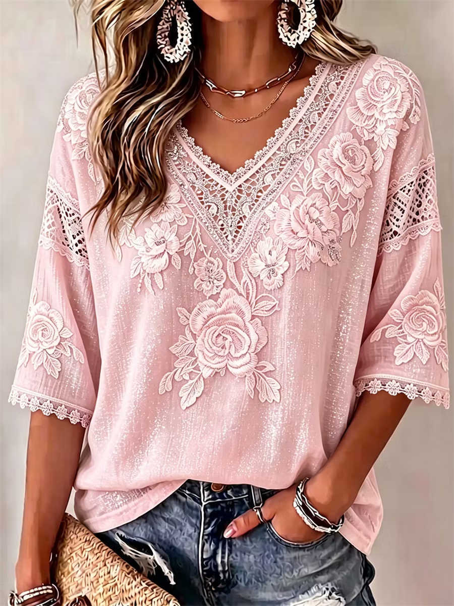 Women's Pink Floral Embroidered Lace Trim V Neck 3/4 Sleeve Blouse