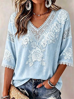 Women's Blue Floral Embroidered Lace Trim V Neck 3/4 Sleeve Blouse
