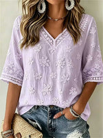 Women's Purple Floral Embroidered Cutwork Trim V Neck 3/4 Sleeve Blouse