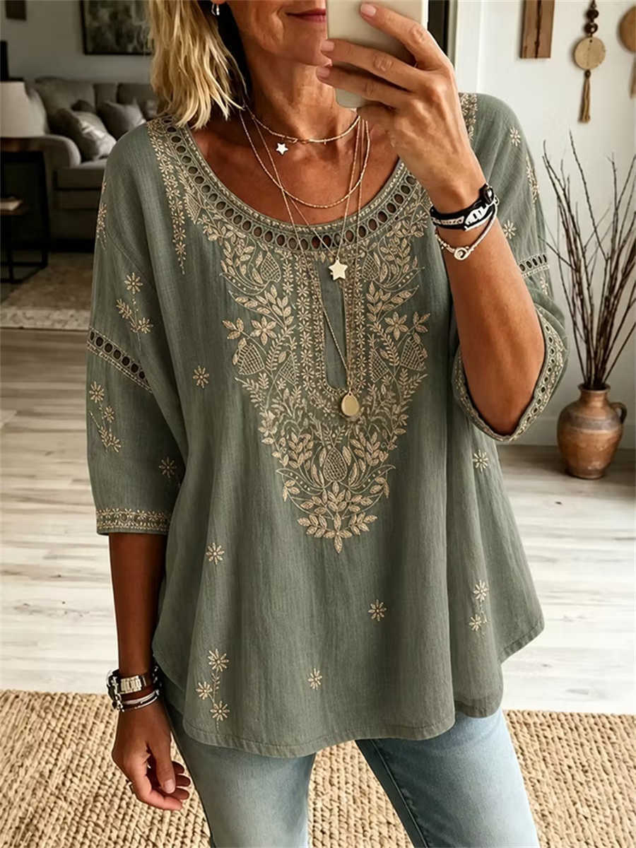 Women's Sage Floral Embroidered Eyelet Trim Round Neck 3/4 Sleeve Blouse