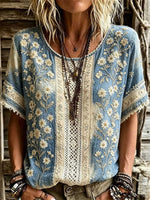 Women's Vintage Blue Daisy Embroidered Lace Panel Round Neck Short Sleeve Blouse