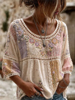 Women's Beige Patchwork Floral Embroidery Hollow Round Neck 3/4 Sleeve Blouse