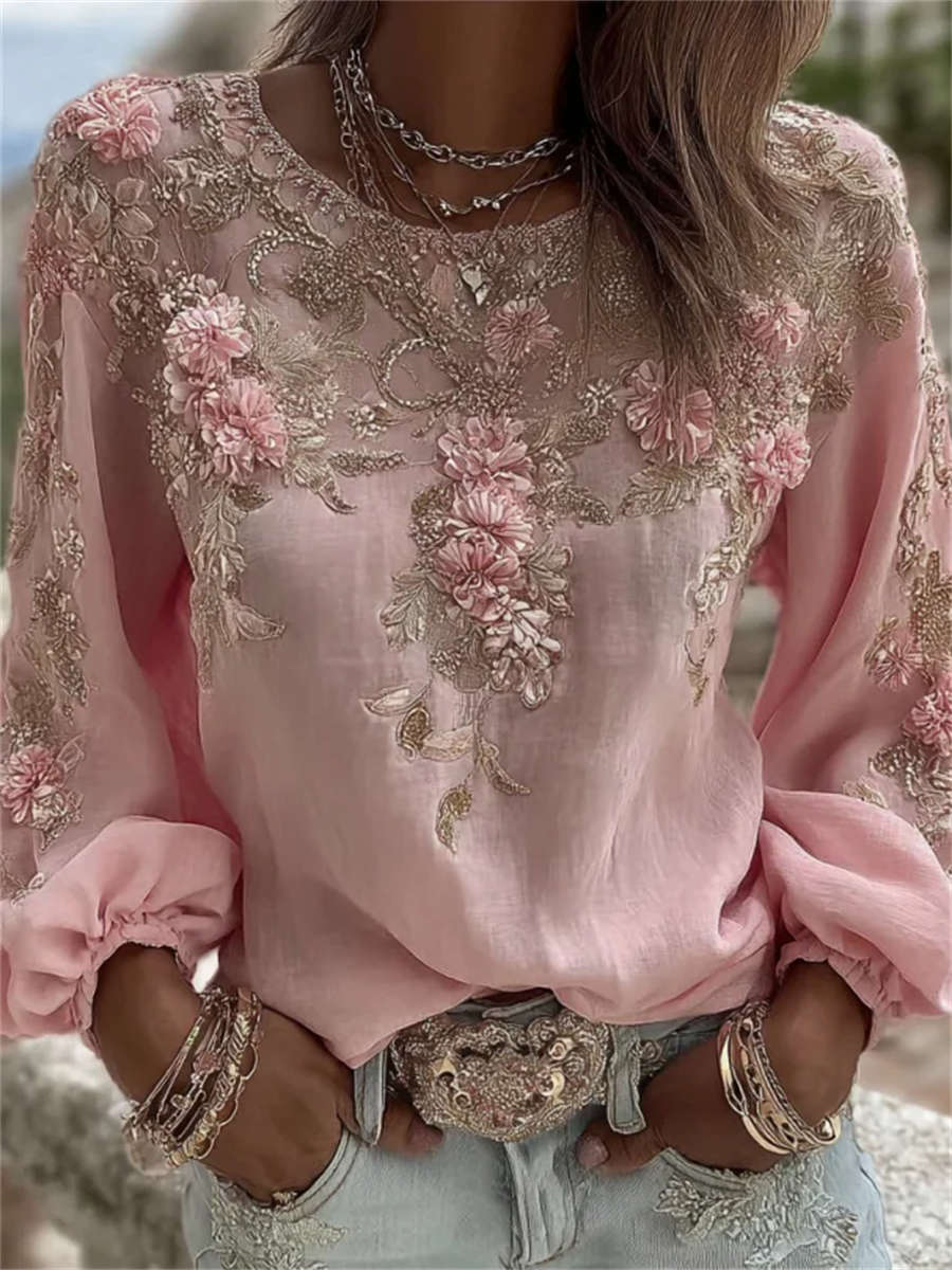 Women's Pink Floral Embroidered Round Neck Long Sleeve Blouse