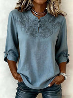 Women's Dusty Blue Frog Button Floral Embroidered Round Neck 3/4 Sleeve Blouse