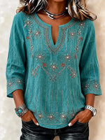 Women's Teal Floral Embroidery Split V Neck 3/4 Sleeve Blouse