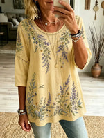 Women's Yellow Floral Embroidery Hollow Round Neck 3/4 Sleeve Blouse