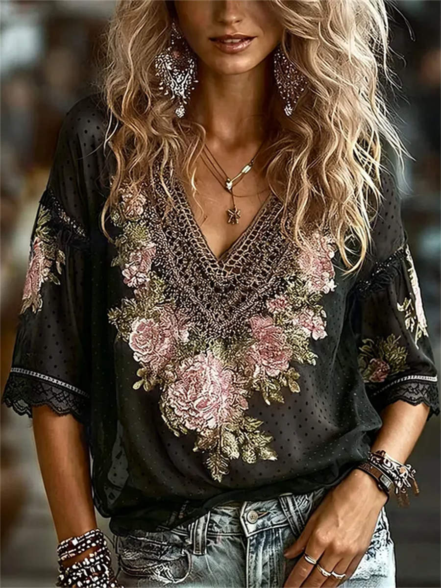 Women's Black Polka Dot Floral Embroidery Lace V Neck Short Sleeve Blouse