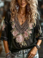 Women's Black Polka Dot Floral Embroidery Lace V Neck Short Sleeve Blouse