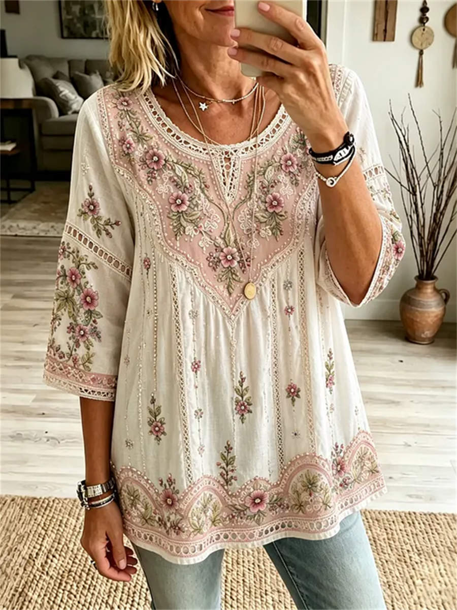 Women's White Pink Floral Embroidery Eyelet Round Neck 3/4 Sleeve Blouse