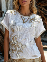 Women's White Butterfly Floral Embroidery Round Neck Short Sleeve Blouse
