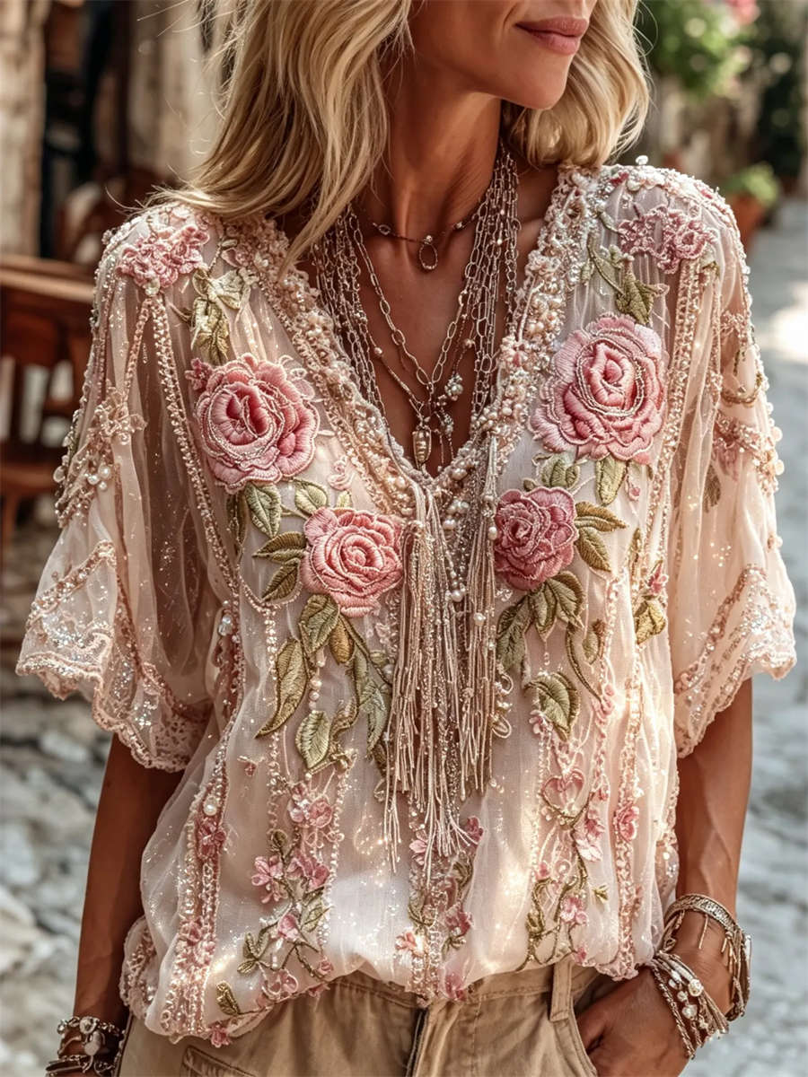 Women's Pink Rose Embroidery Tassel V Neck Half Sleeve Blouse