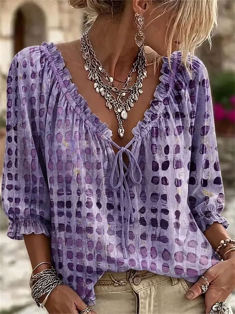 Women's Purple Polka Dot Print Ruffle V Neck 3/4 Sleeve Blouse
