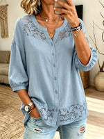 Women's Blue Floral Lace Split Neck 3/4 Puff Sleeve Blouse