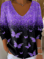 Women's Purple Gradient Butterfly Print V Neck Long Sleeve Blouse
