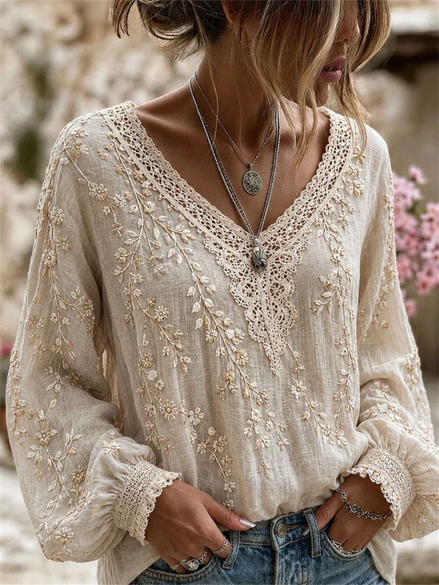 Women's Beige Floral Embroidery Lace V Neck Long Sleeve Blouse
