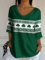 Women's Green Shamrock Geometric Stripe Print V Neck 3/4 Sleeve Blouse