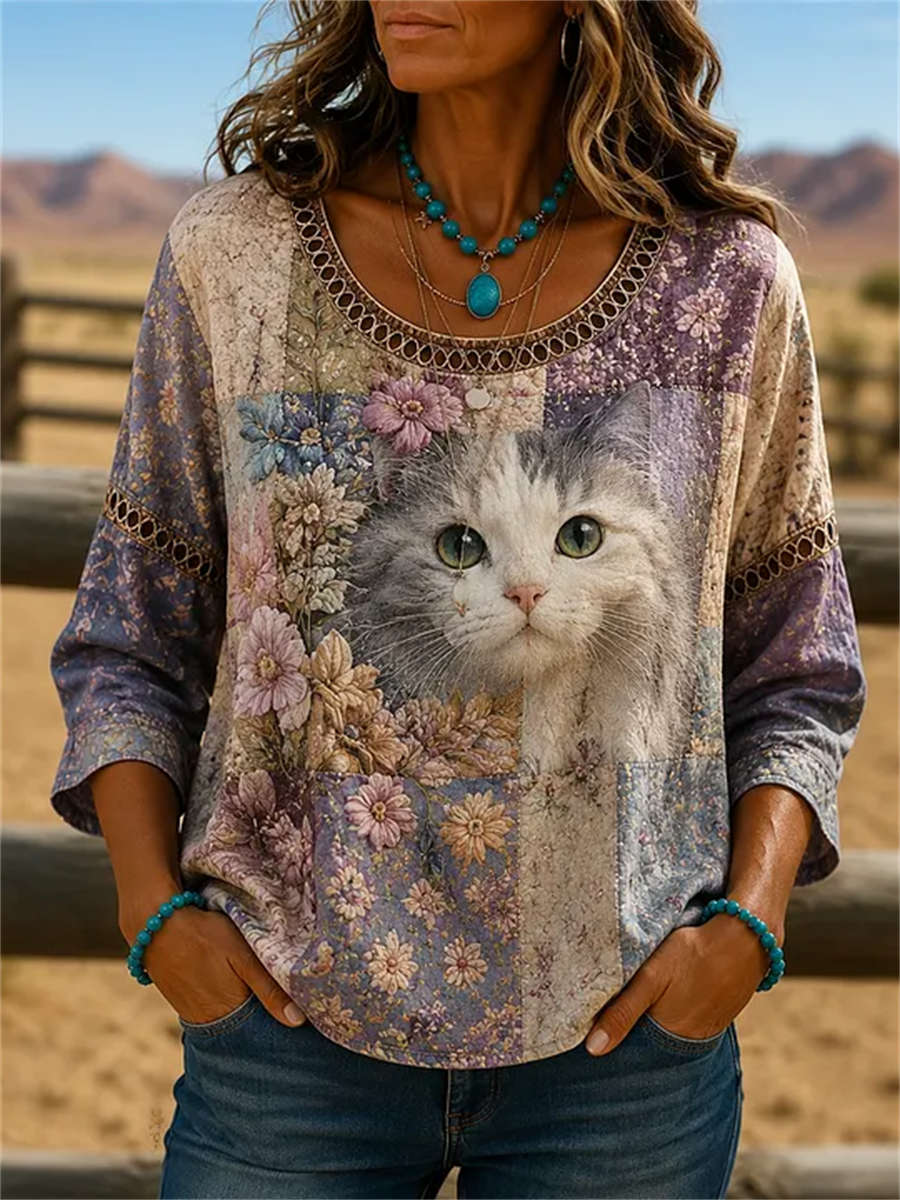 Women's Vintage Purple Patchwork Floral Cat Print Round Neck 3/4 Sleeve Blouse