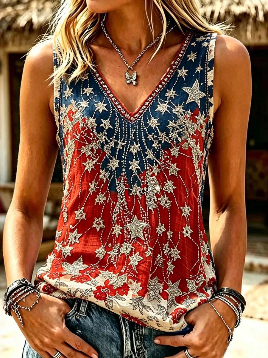 Women's Festive Red Blue Floral Star Rhinestone V Neck Tank