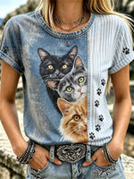 Women's Denim Blue Stripe Splicing Three Cats Print Round Neck Short Sleeve Tee