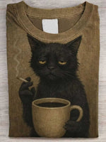 Women's Khaki Funny Cat Print Round Neck Short Sleeve Tee