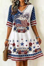 America 250th Anniversary White Letter Star Floral Print V Neck Half Sleeve Mini Dress